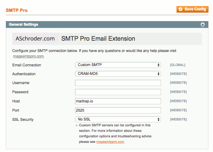 Testing Magento Email with Mailtrap.io: SMTP Pro configuration